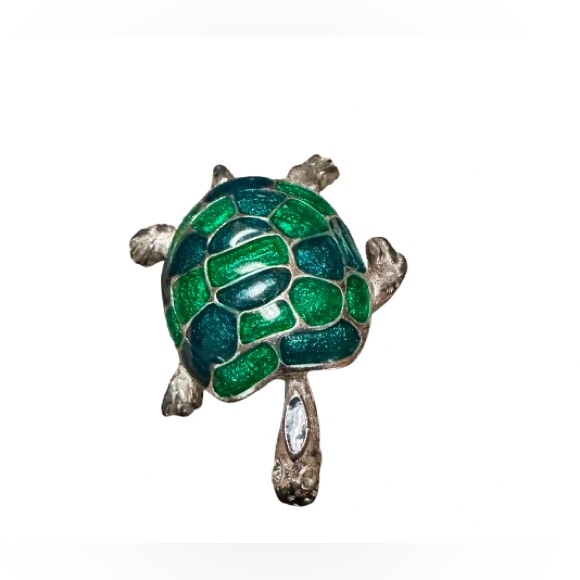 Green Enamel Turtle Brooch – Silver-Tone Pin - Picture 5 of 7